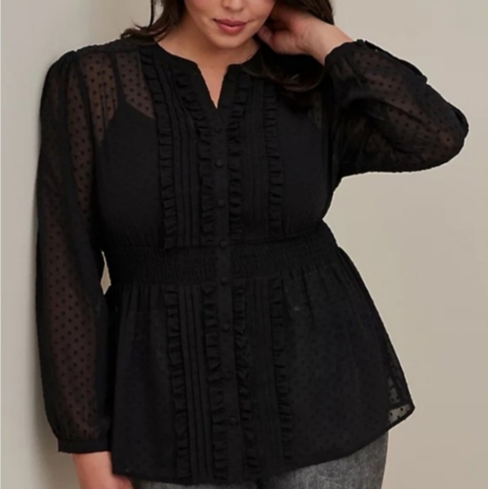 torrid Black Swiss Dot Ruffle Button Front Blouse